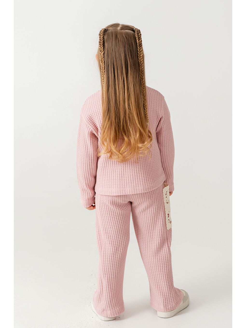 Pembe Kız Çocuk Dantelli İspanyol Paça Eşofman Takımı-4