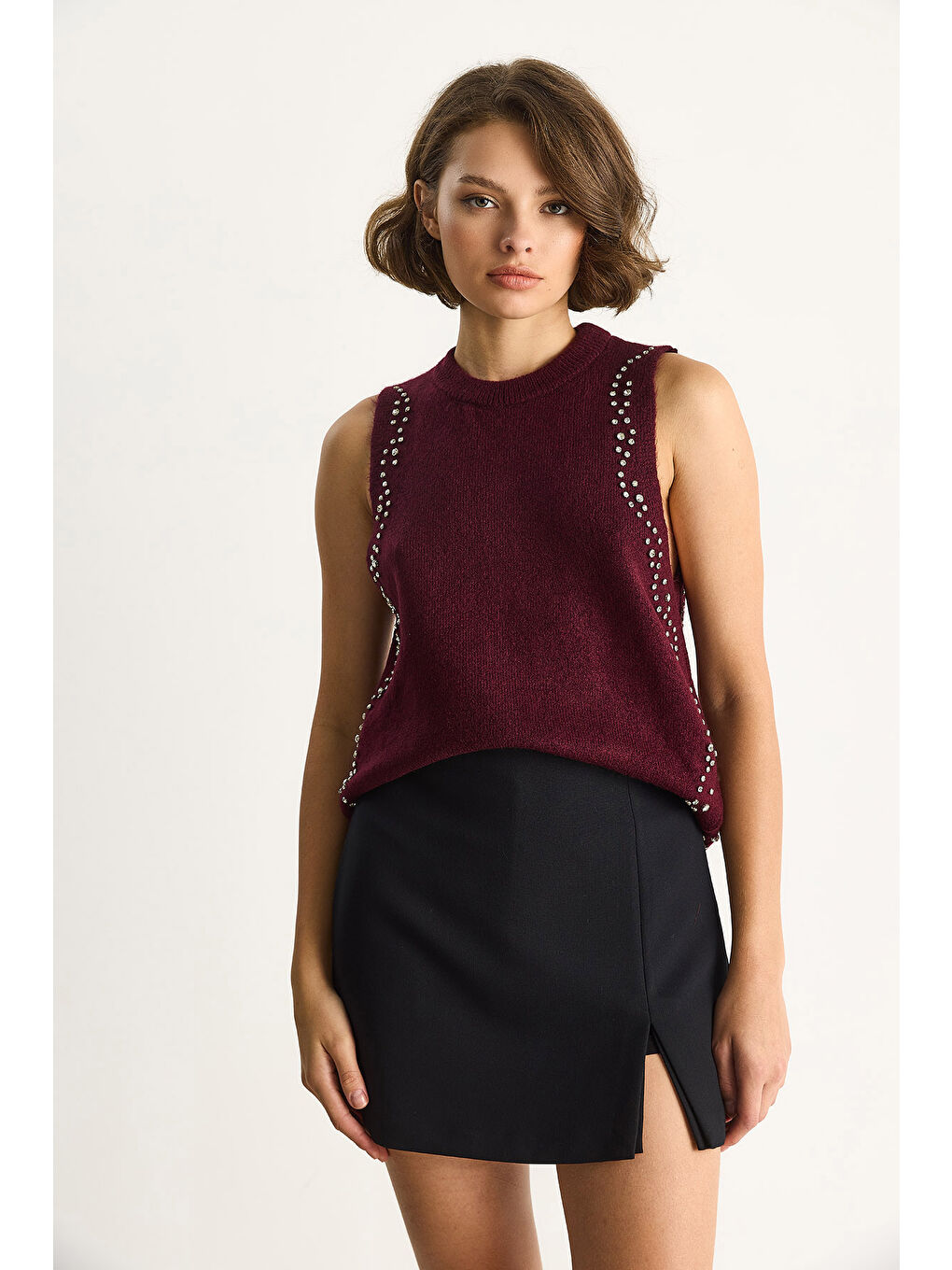 Bordo Kadın Taş İşlemeli Triko Bluz TA-1