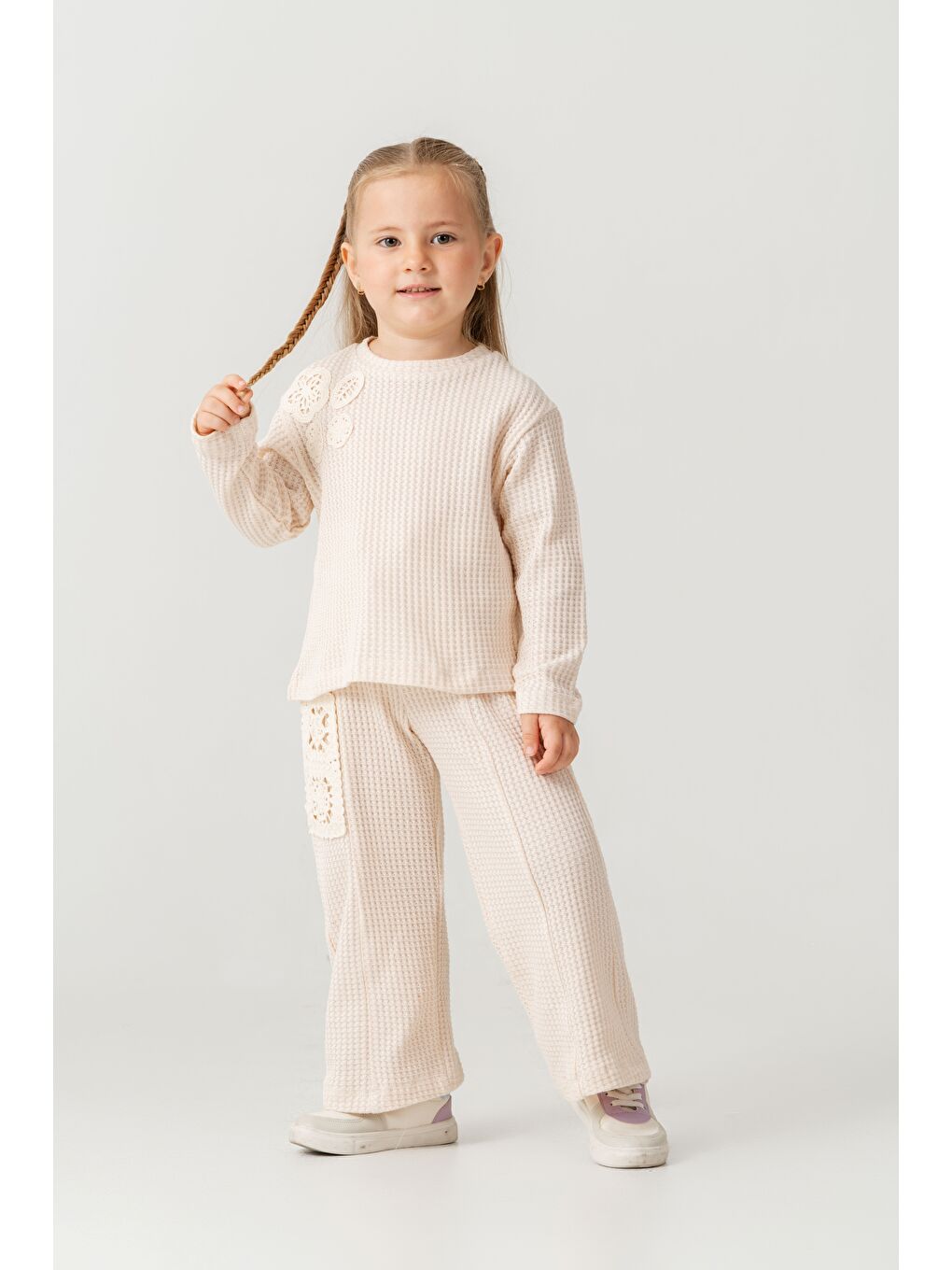Ekru Kız Çocuk Dantelli İspanyol Paça Eşofman Takımı-3