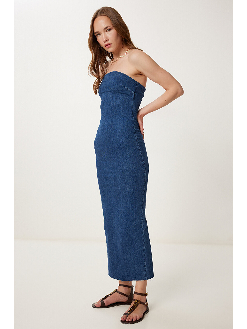 Mavi Straplez Midi Denim Elbise KOYU MAVİ LYZ0002-1