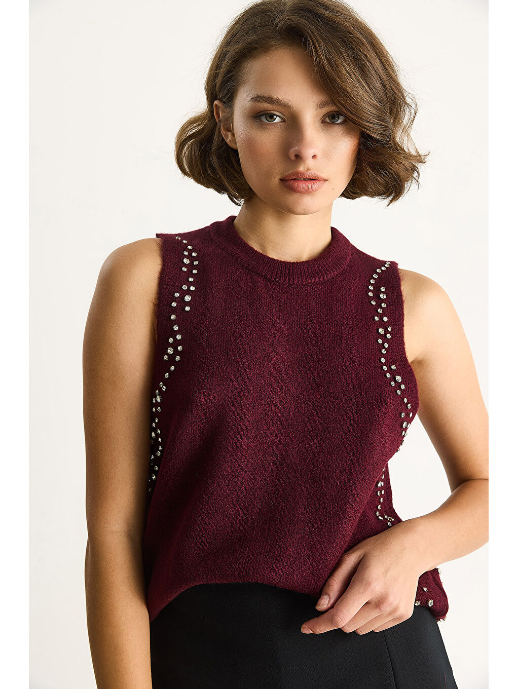 Bordo Kadın Taş İşlemeli Triko Bluz TA-2