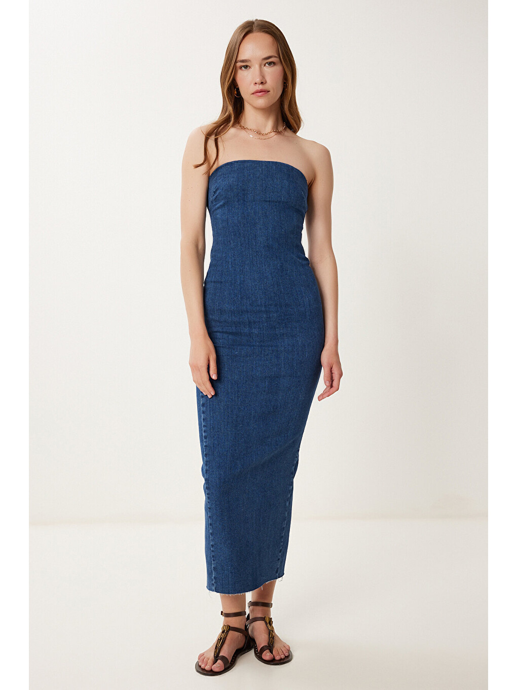 Mavi Straplez Midi Denim Elbise KOYU MAVİ LYZ0002-2