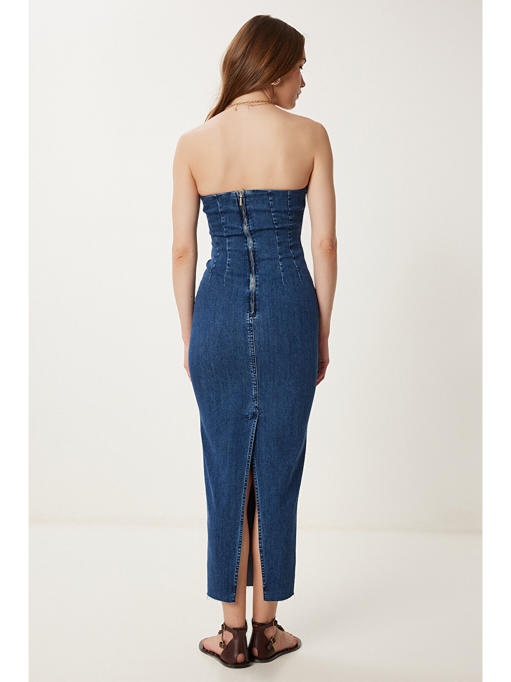 Mavi Straplez Midi Denim Elbise KOYU MAVİ LYZ0002-4