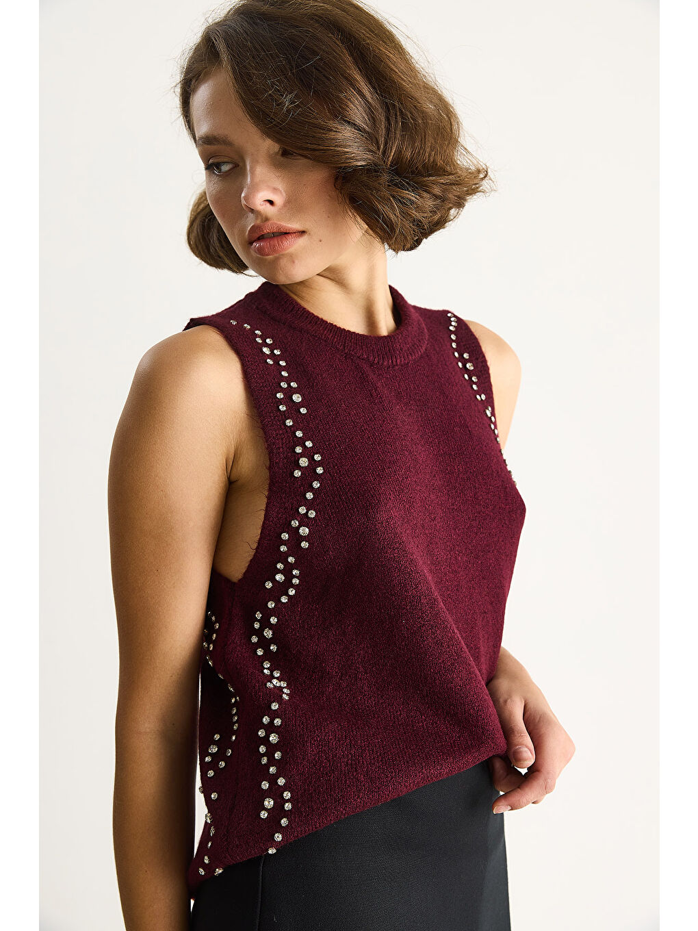 Bordo Kadın Taş İşlemeli Triko Bluz TA-3