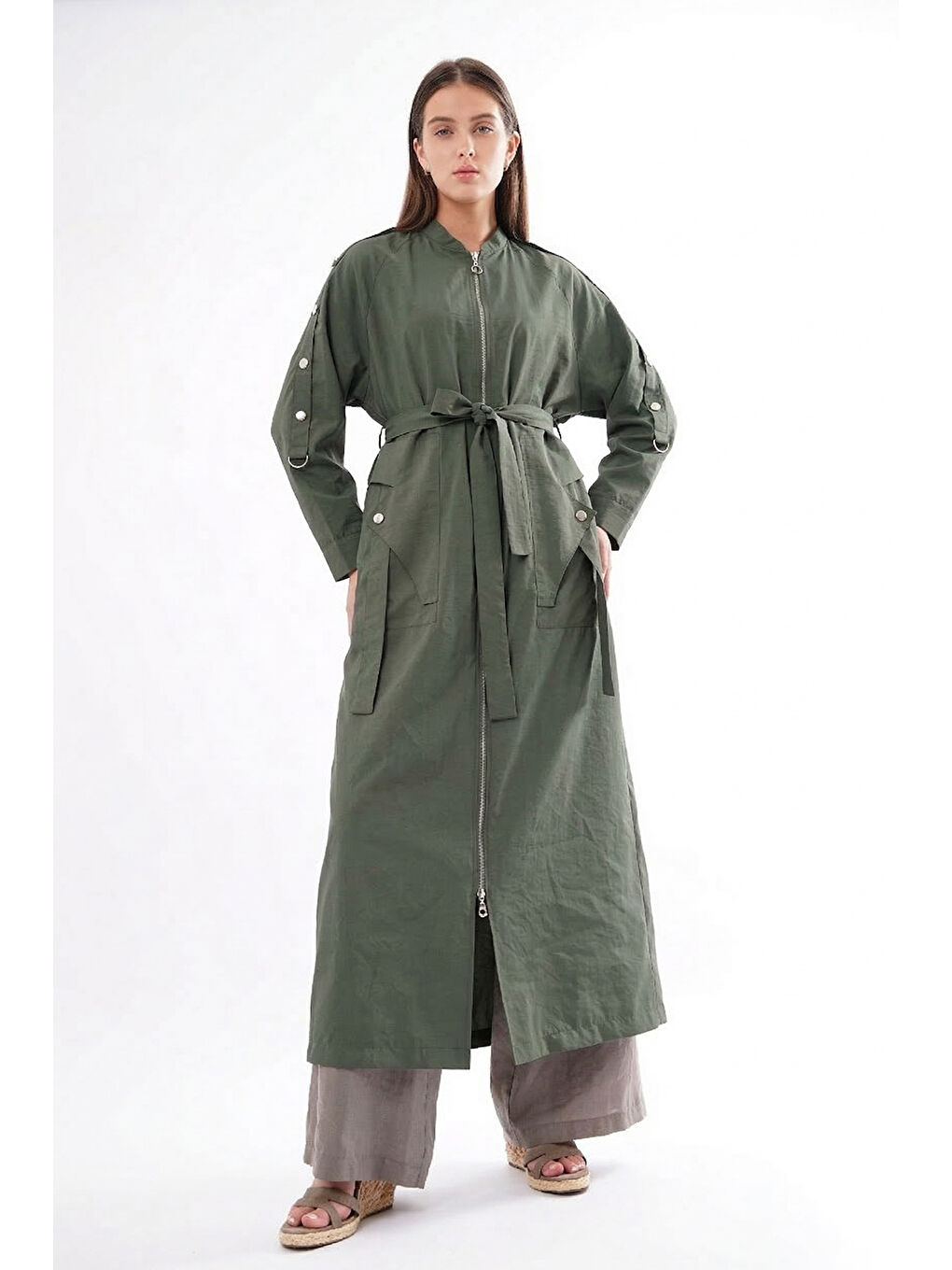 Kolu Çıtçıt Detay Önden Fermuarlı Safari Kap Ceket 820 Yeşil