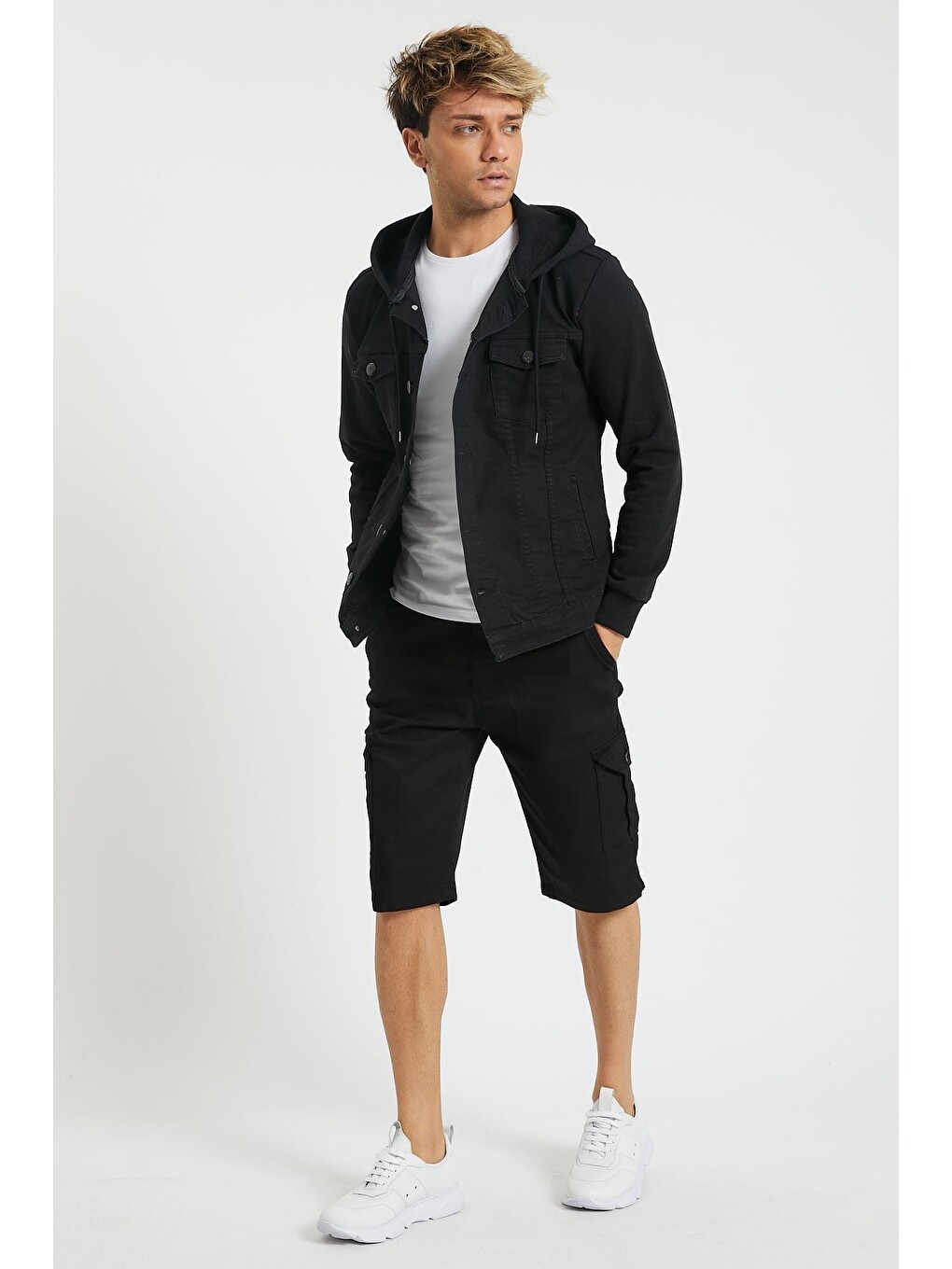 Siyah None Denim Yandan Kargo Cepli Esnek Kumaş Erkek Kargo Şort Bermuda-3