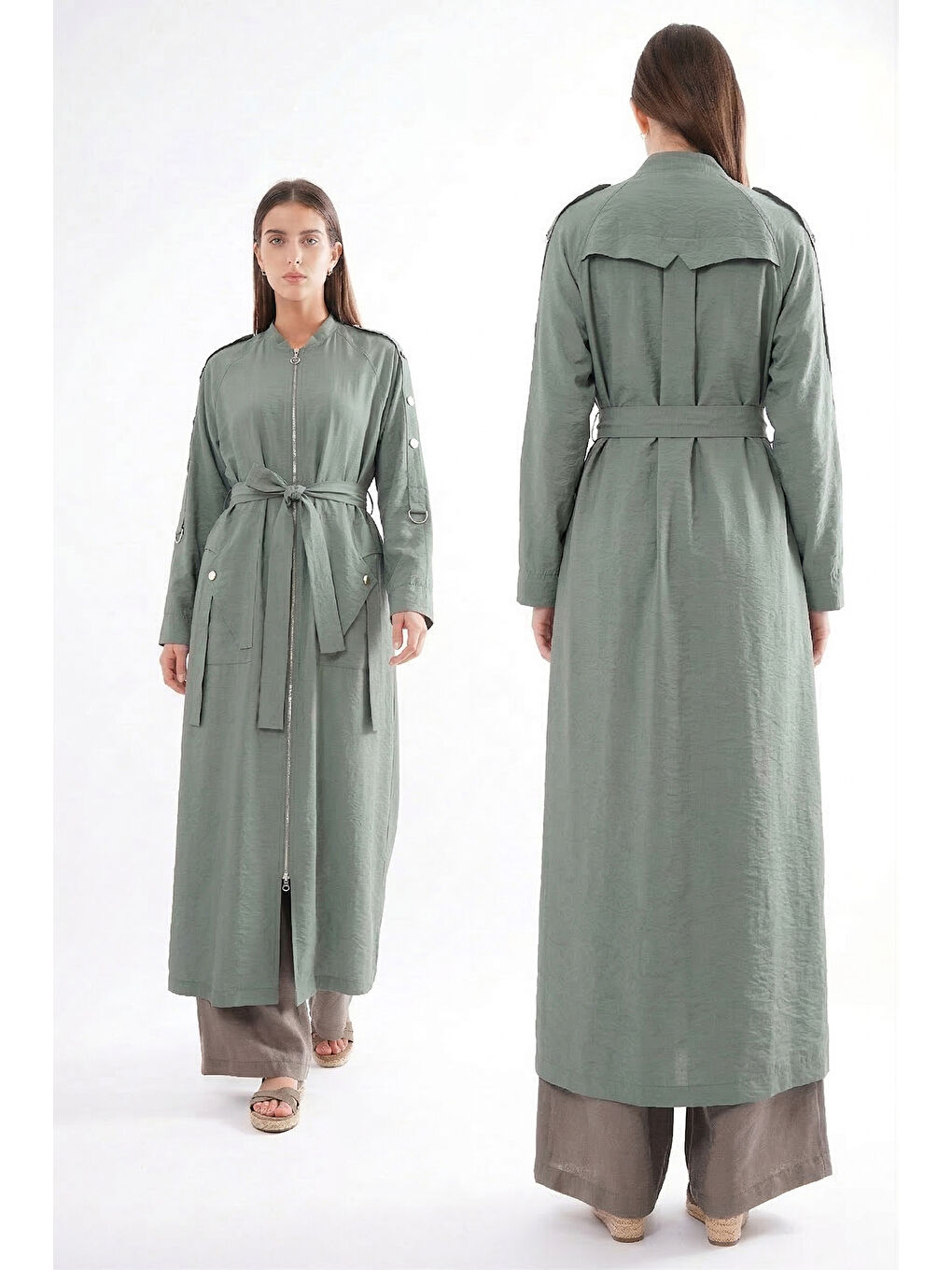 Kolu Çıtçıt Detay Önden Fermuarlı Safari Kap Ceket 820 Yeşil-1