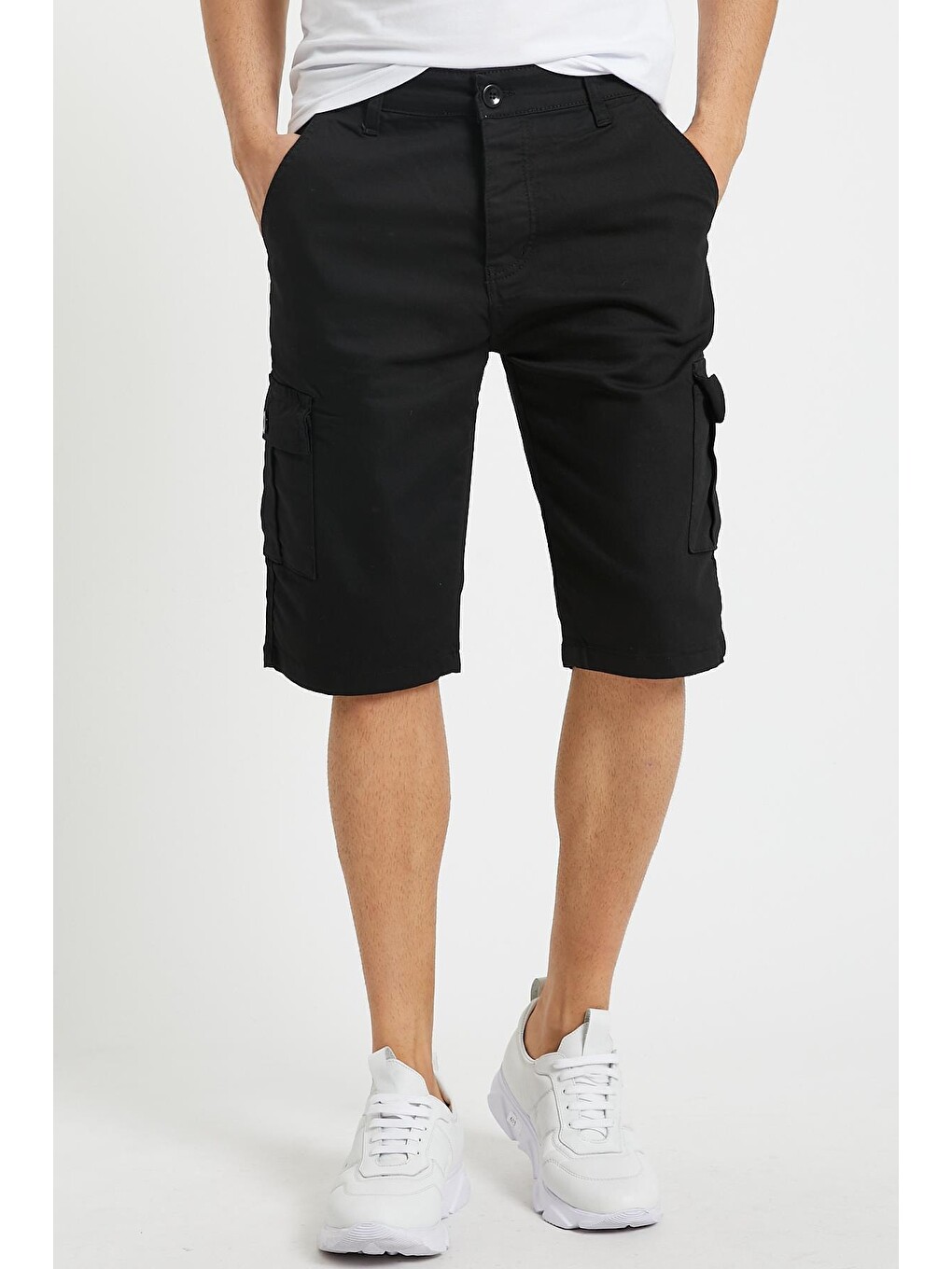 Siyah None Denim Yandan Kargo Cepli Esnek Kumaş Erkek Kargo Şort Bermuda-4