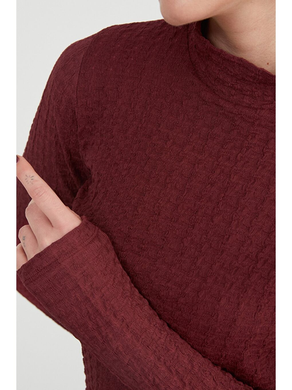 Bordo Dik Yaka Bürümcük Kumaş Bluz-3