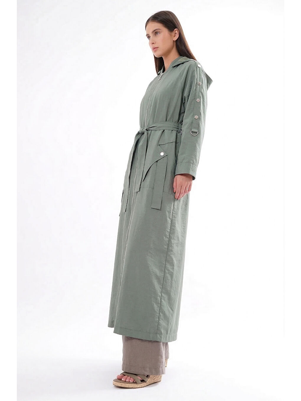 Kolu Çıtçıt Detay Önden Fermuarlı Safari Kap Ceket 820 Yeşil-2