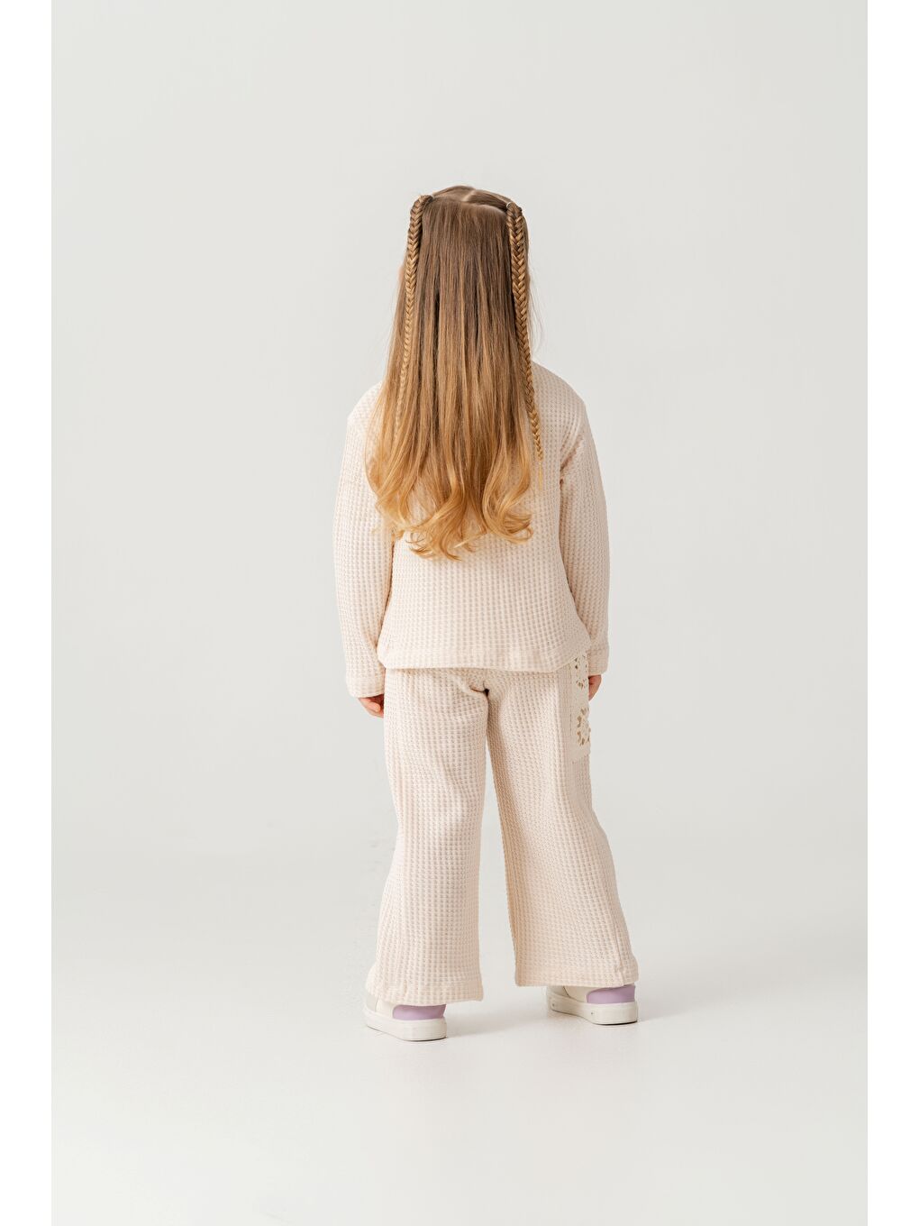 Ekru Kız Çocuk Dantelli İspanyol Paça Eşofman Takımı-7