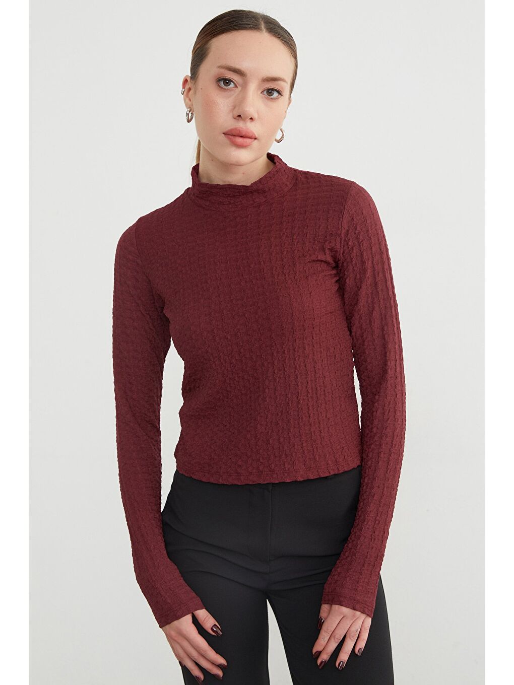 Bordo Dik Yaka Bürümcük Kumaş Bluz-4