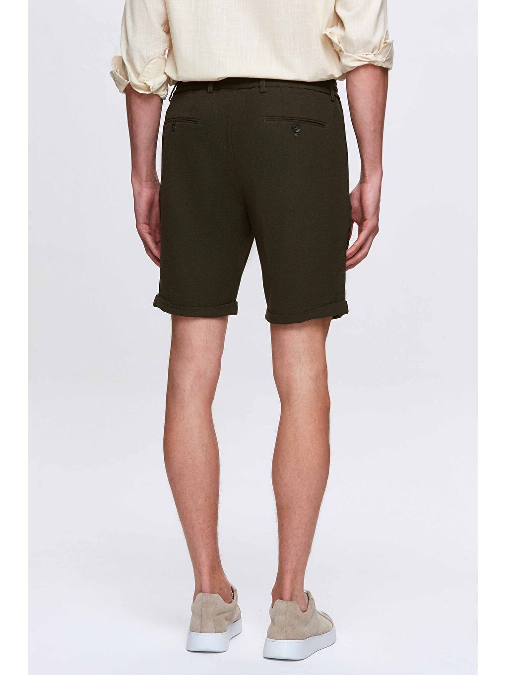 Haki Beli Lastikli Bağcık Detaylı Duble Paça Viskonlu Jogger Şort-2