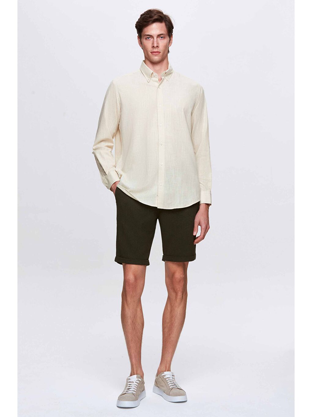 Haki Beli Lastikli Bağcık Detaylı Duble Paça Viskonlu Jogger Şort-3