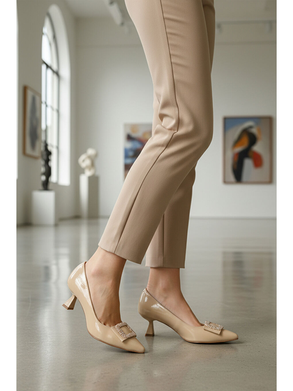 Bej İnce Kısa Topuklu Kadın Abiye Ayakkabı 357172 Z-2