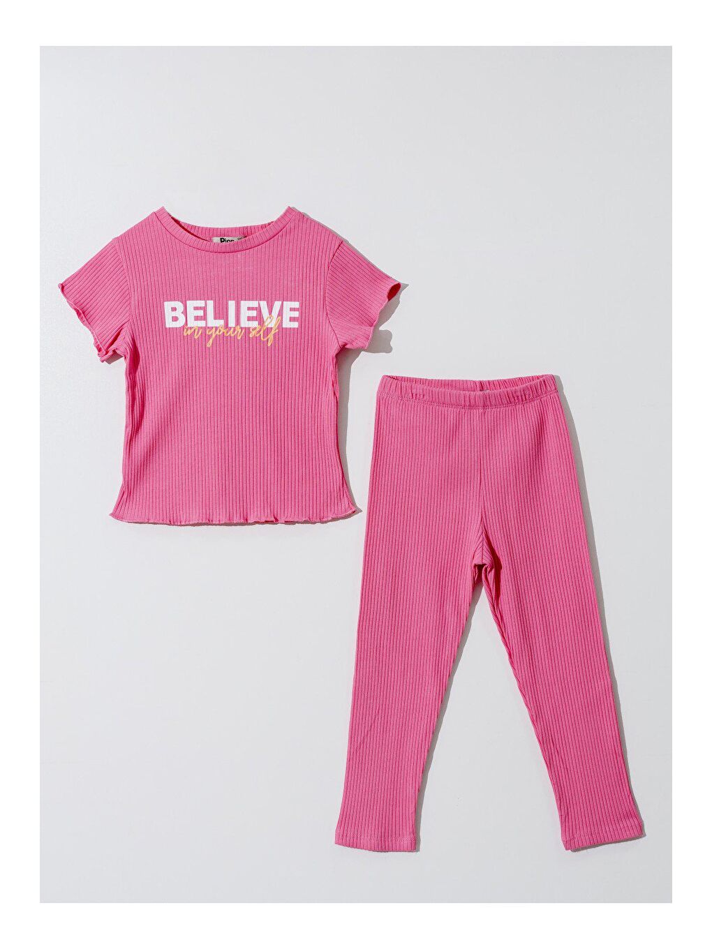 Pembe Kız Çocuk Believe Baskılı 6-9 Yaş Taytlı Alt-Üst Takım