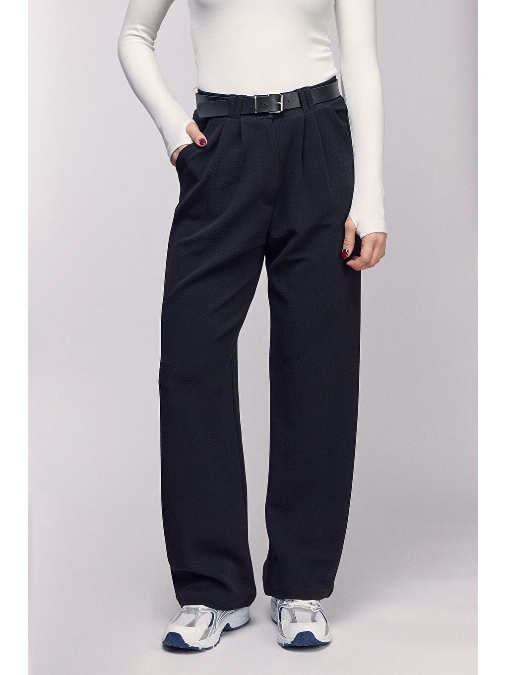 Siyah Kadın Yüksek Bel Elastanlı Palazzo Pantolon - Kemerli