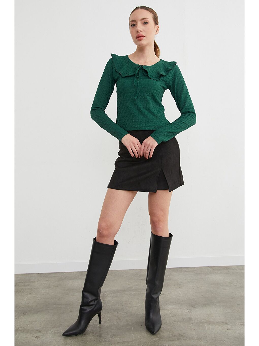 Yeşil Bebe Yaka Bürümcük Kumaş Bluz-1