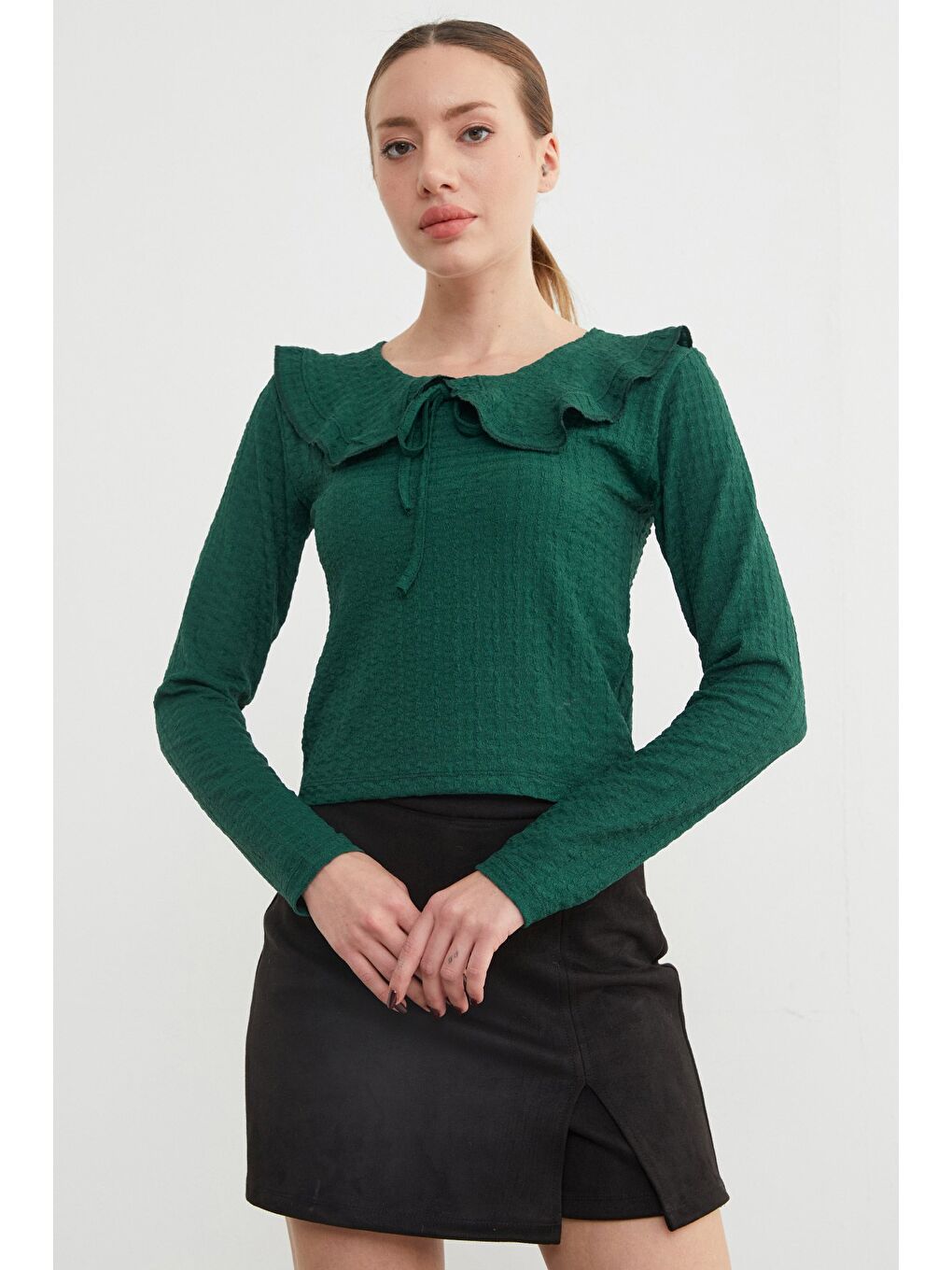 Yeşil Bebe Yaka Bürümcük Kumaş Bluz-2