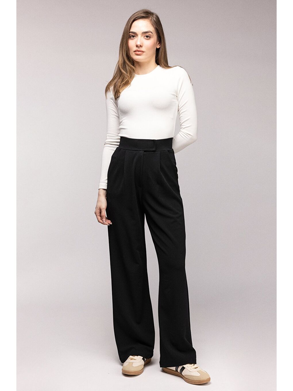 Siyah Kadın Yüksek Bel Elastanlı Palazzo Pantolon - Cırtlı-3