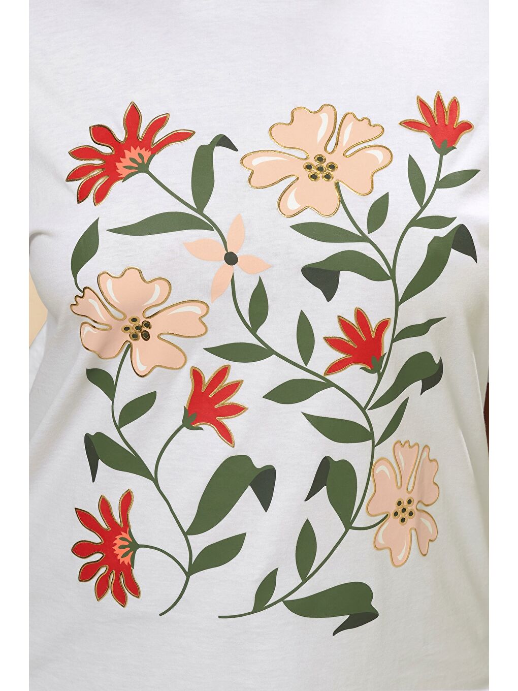 Beyaz Büyük Beden Kısa Kollu Bisiklet Yaka Çiçek Desenli T-shirt 304177-4