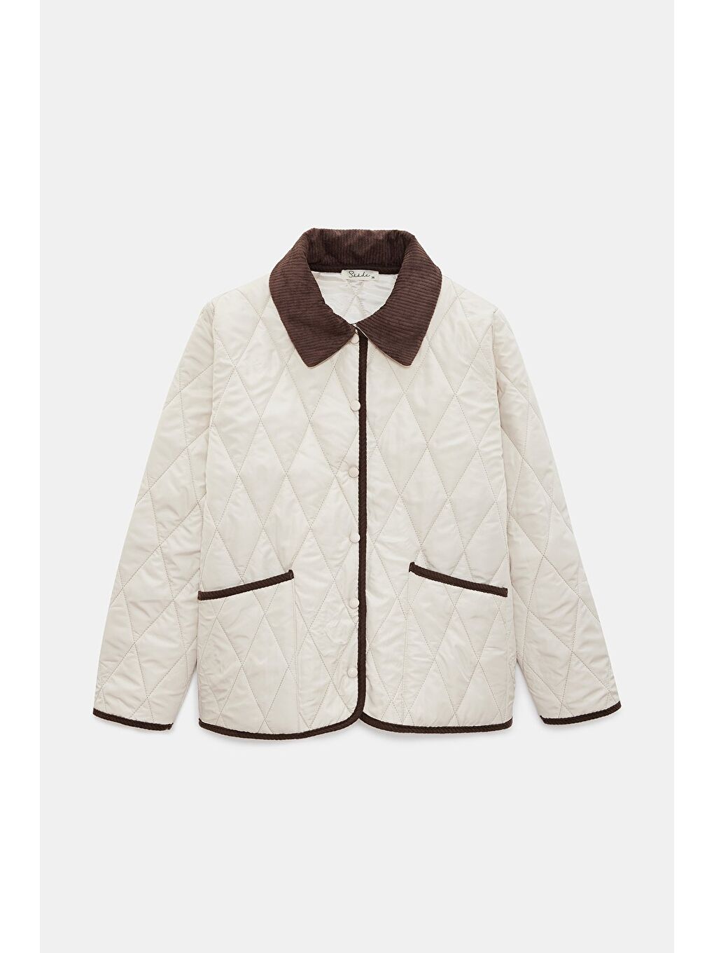 Beyaz Ekru Kadın Relax Fit Kadife Yaka Biye Detaylı Kapitone Mont - Heritage