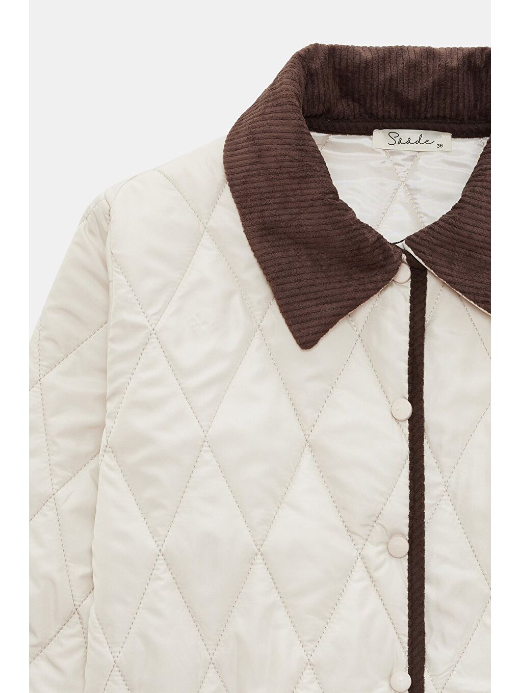 Beyaz Ekru Kadın Relax Fit Kadife Yaka Biye Detaylı Kapitone Mont - Heritage-1