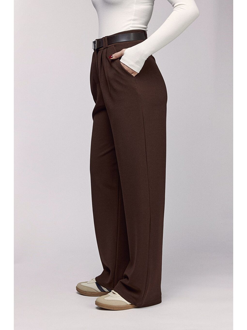 Kahverengi Kadın Yüksek Bel Elastanlı Palazzo Pantolon - Kemerli-2