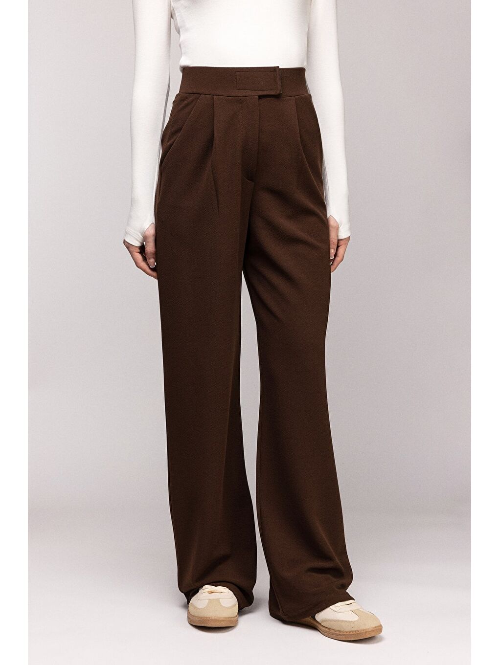 Kahverengi Kadın Yüksek Bel Elastanlı Palazzo Pantolon - Cırtlı-1