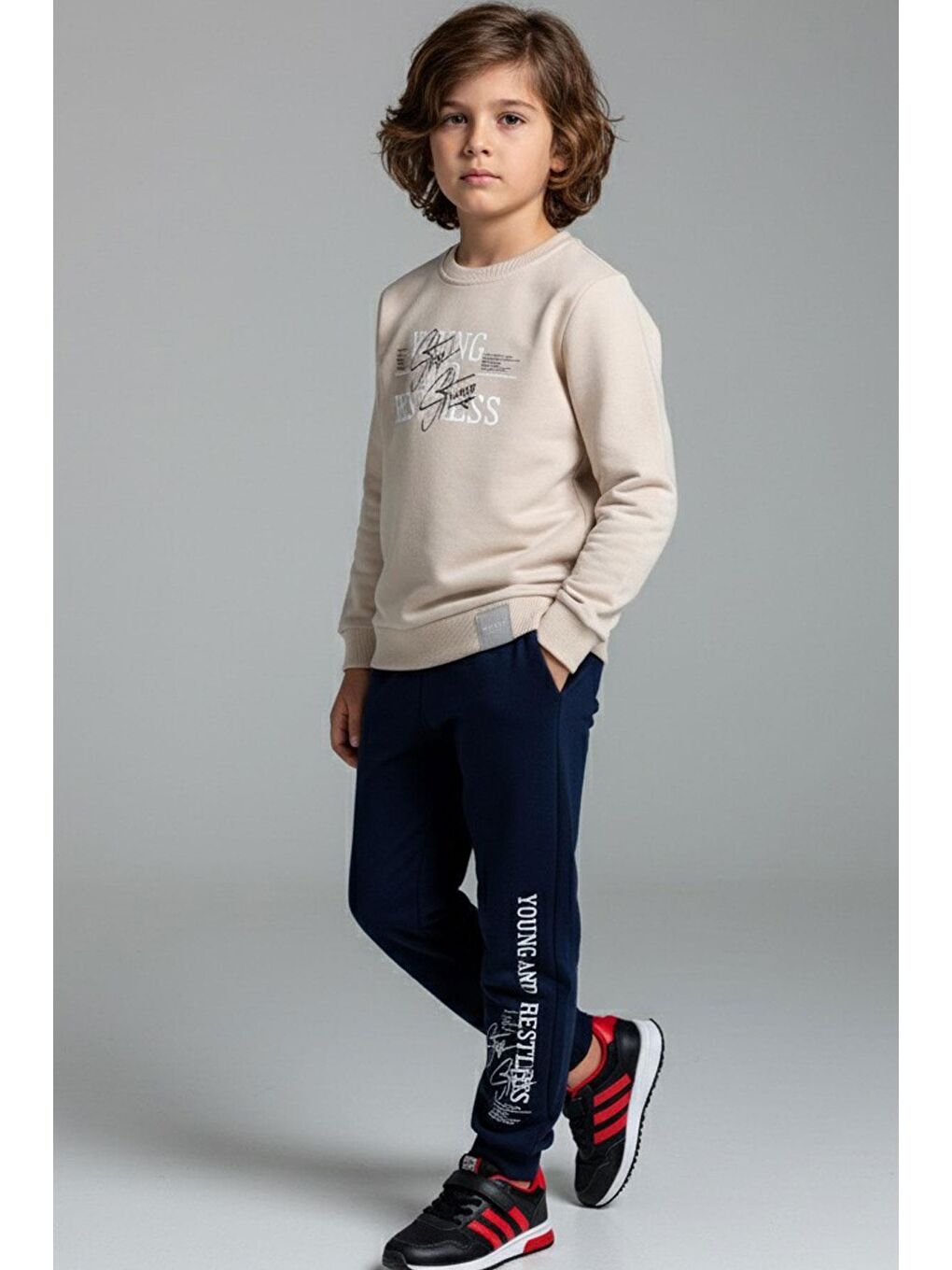 Erkek Çocuk Eşofman Takımı Yazı Baskılı Bej (4-8 Yaş)
