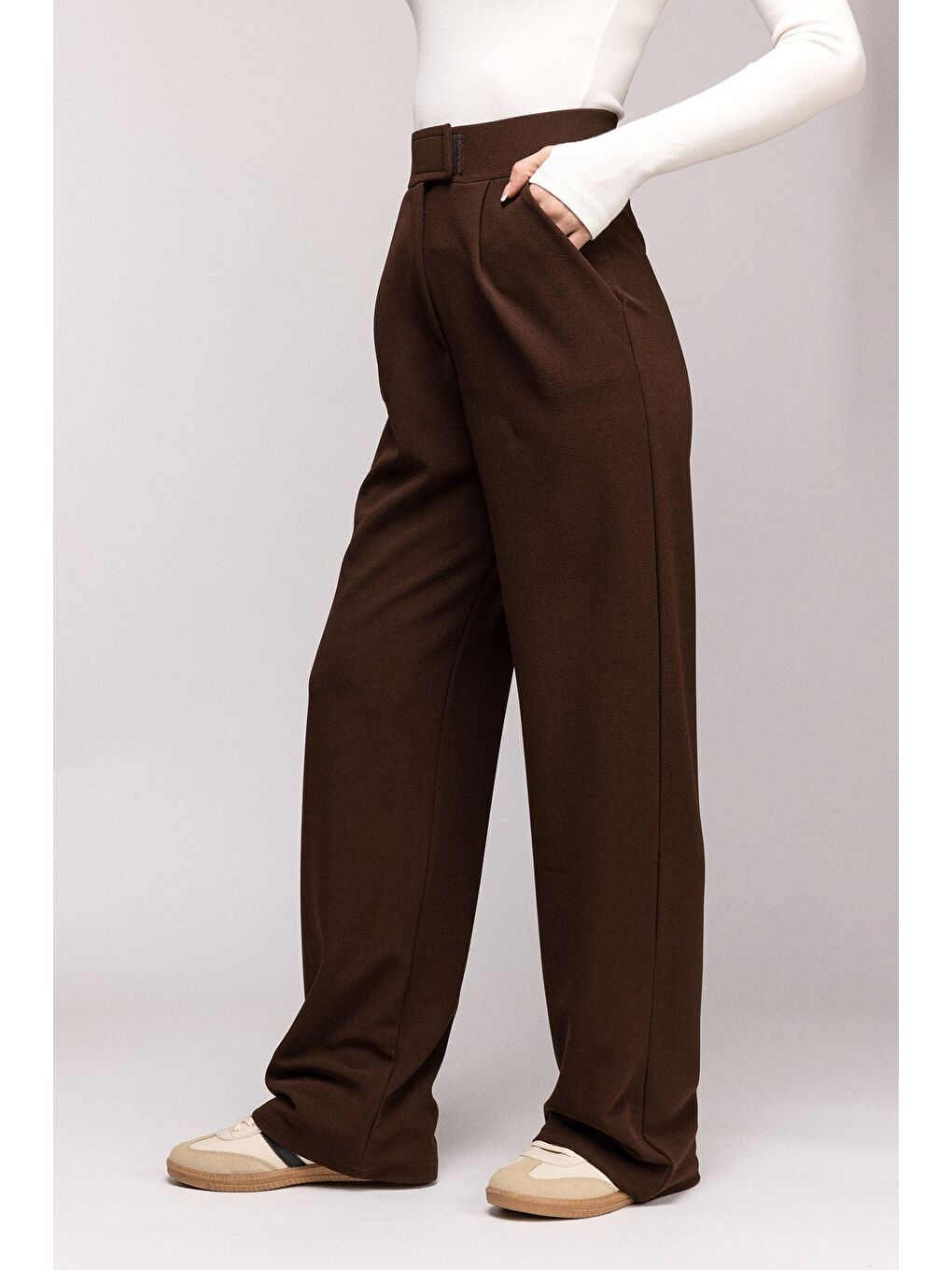 Kahverengi Kadın Yüksek Bel Elastanlı Palazzo Pantolon - Cırtlı-2