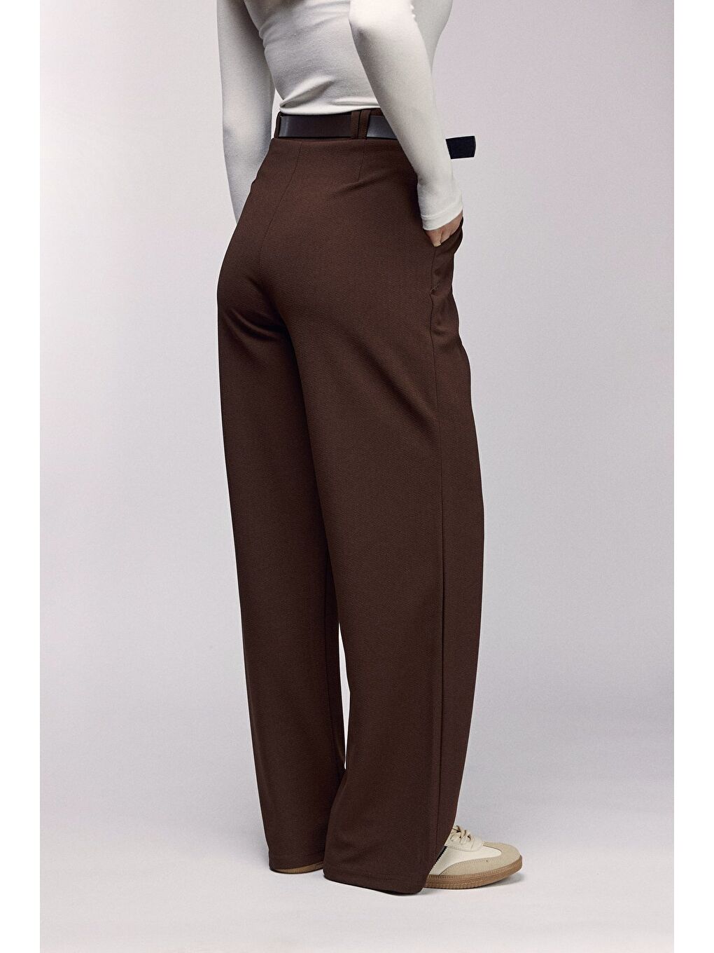 Kahverengi Kadın Yüksek Bel Elastanlı Palazzo Pantolon - Kemerli-3