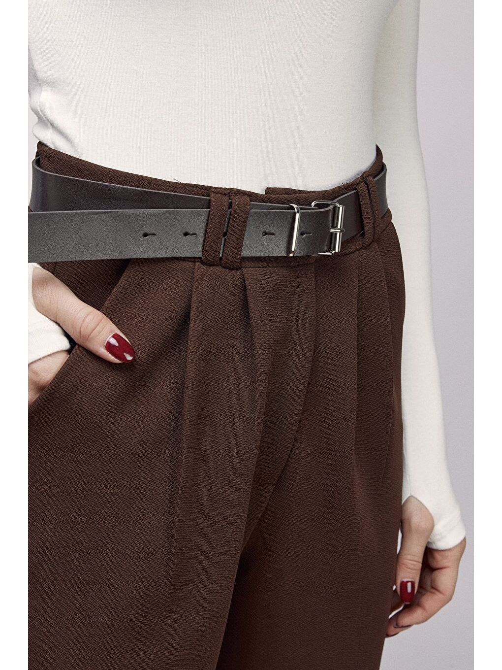 Kahverengi Kadın Yüksek Bel Elastanlı Palazzo Pantolon - Kemerli-4