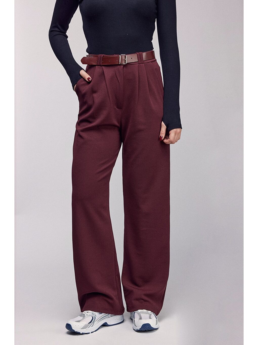Bordo Kadın Yüksek Bel Elastanlı Palazzo Pantolon - Kemerli