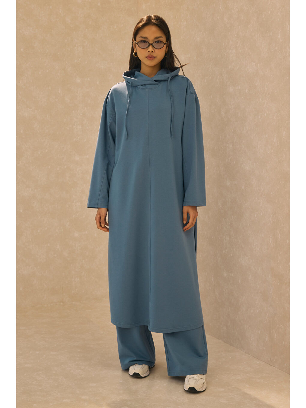 Mavi Kapüşonlu Uzun Sweat Denim-1