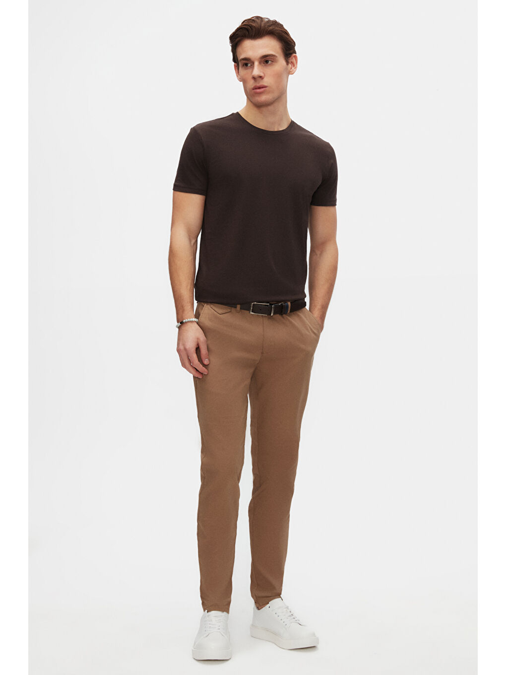 Slim Fit Kahverengi Bisiklet Yaka %100 Pamuklu Nefes Alabilen Tişört-3