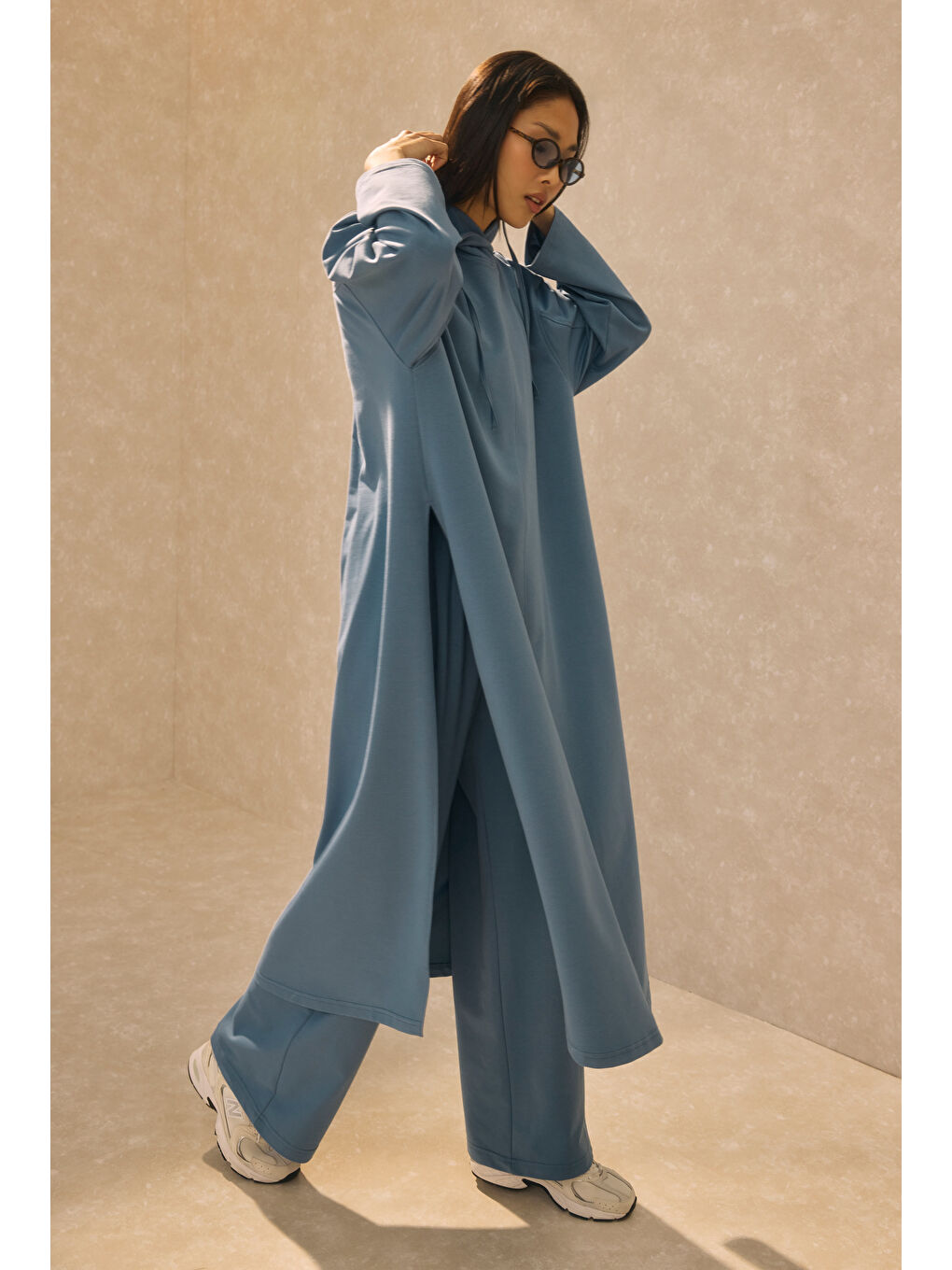 Mavi Kapüşonlu Uzun Sweat Denim-2