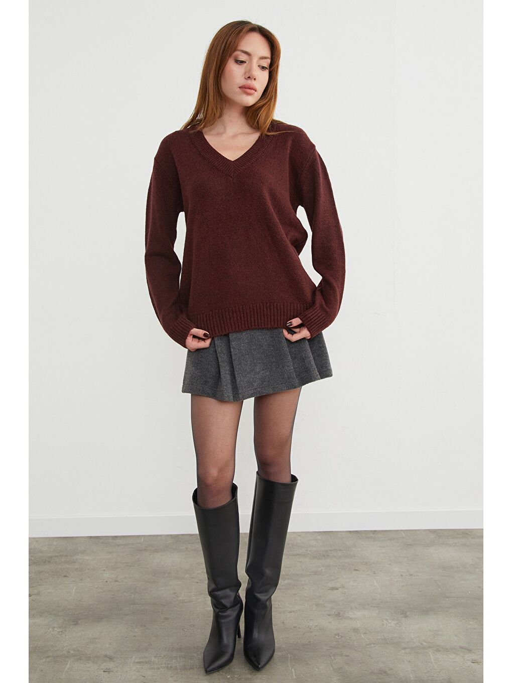 Bordo Basic V Yaka Salaş Kazak-1