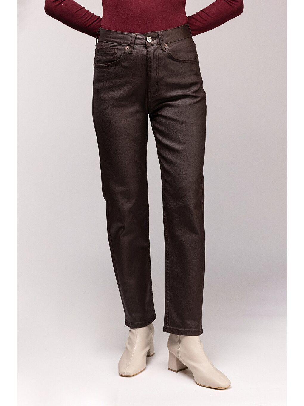 Kahverengi Kadın Mumlu (Waxed) Yüksek Bel Düz Kesim Elastanlı Jean Pantolon - Tam Kalıp-1