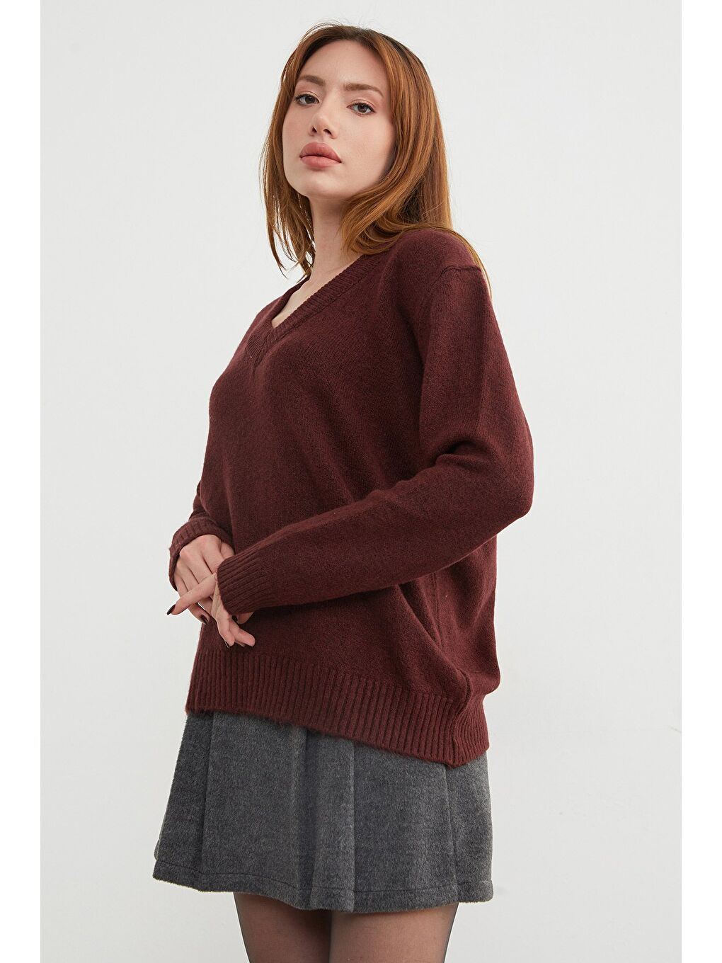 Bordo Basic V Yaka Salaş Kazak-2