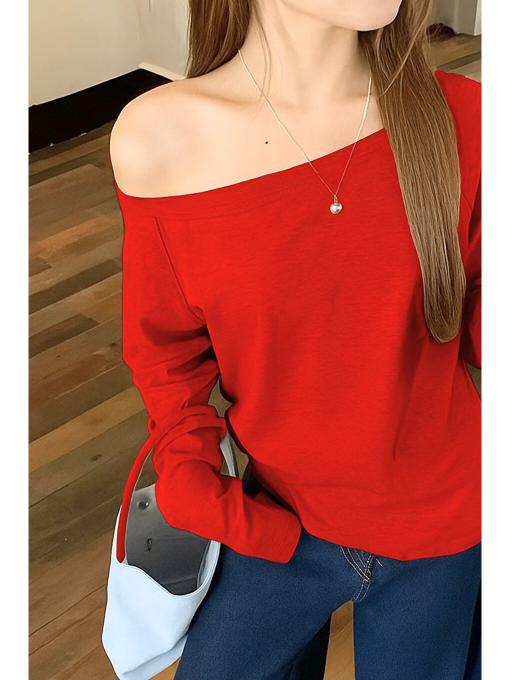 Kırmızı Kadın Düşük Omuz Kayık Yaka Oversize Uzun Kollu T-shirt-1