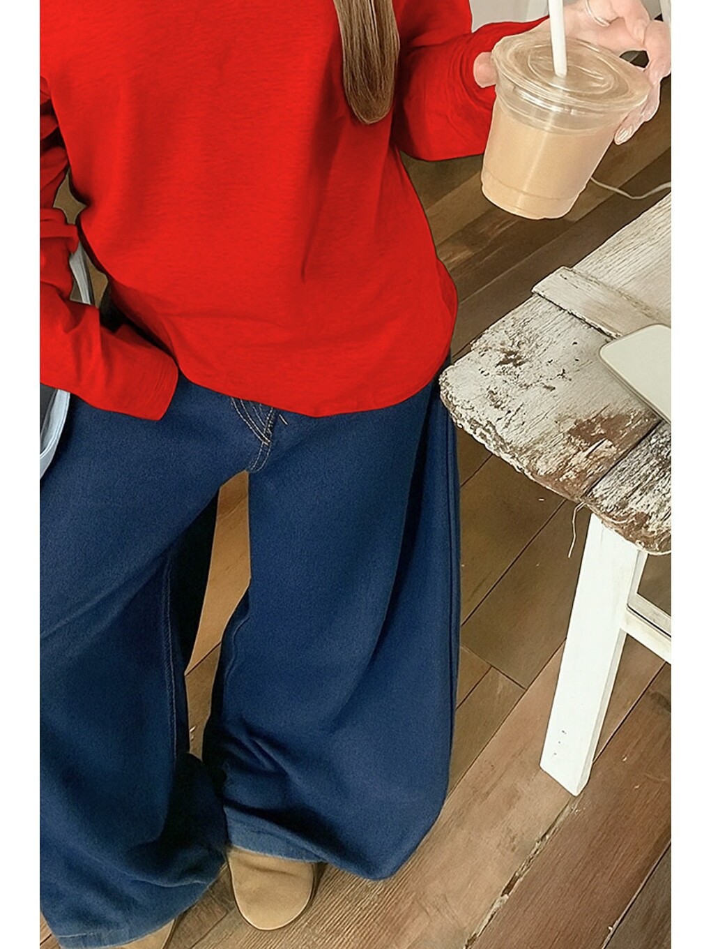 Kırmızı Kadın Düşük Omuz Kayık Yaka Oversize Uzun Kollu T-shirt-2