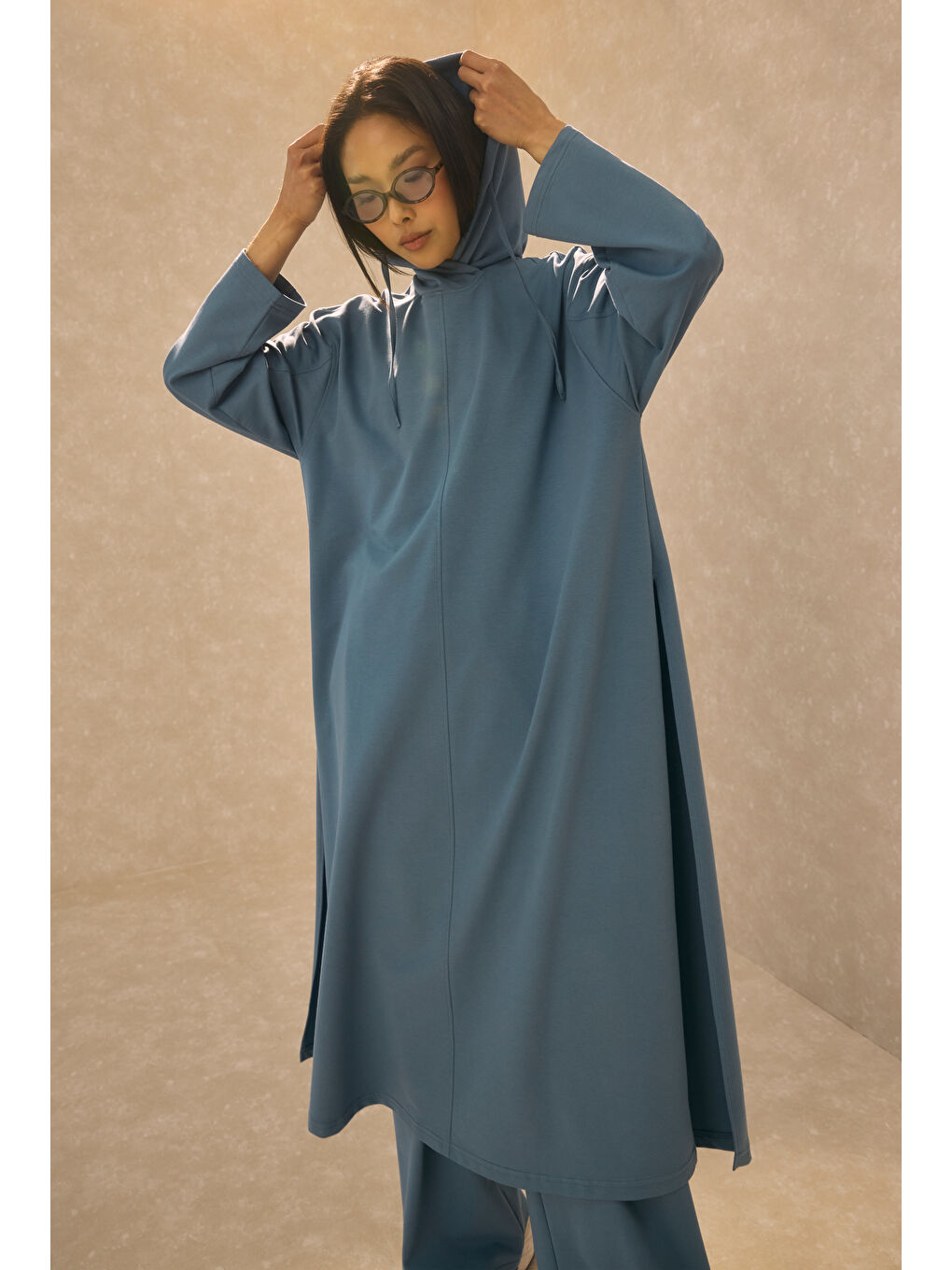 Mavi Kapüşonlu Uzun Sweat Denim-3