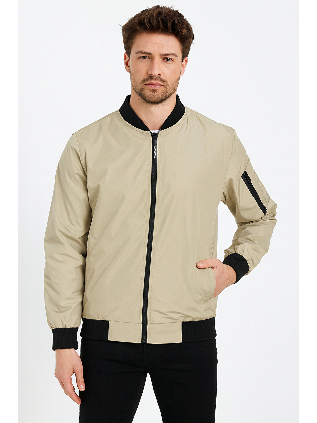 Bej Erkek Fermuarlı Taş Kolej Ceket