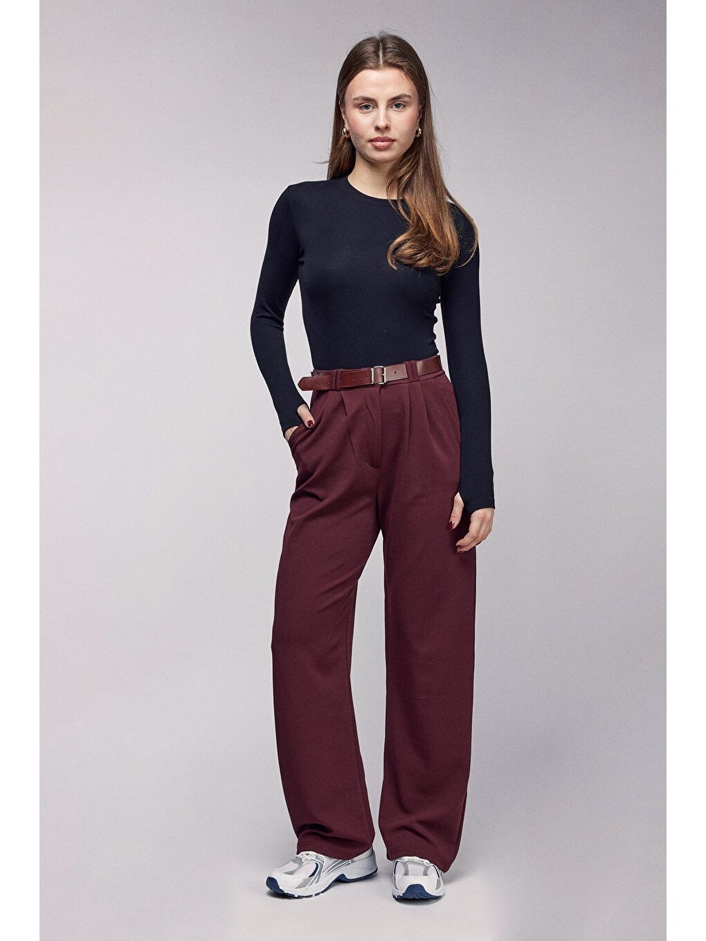 Bordo Kadın Yüksek Bel Elastanlı Palazzo Pantolon - Kemerli-1