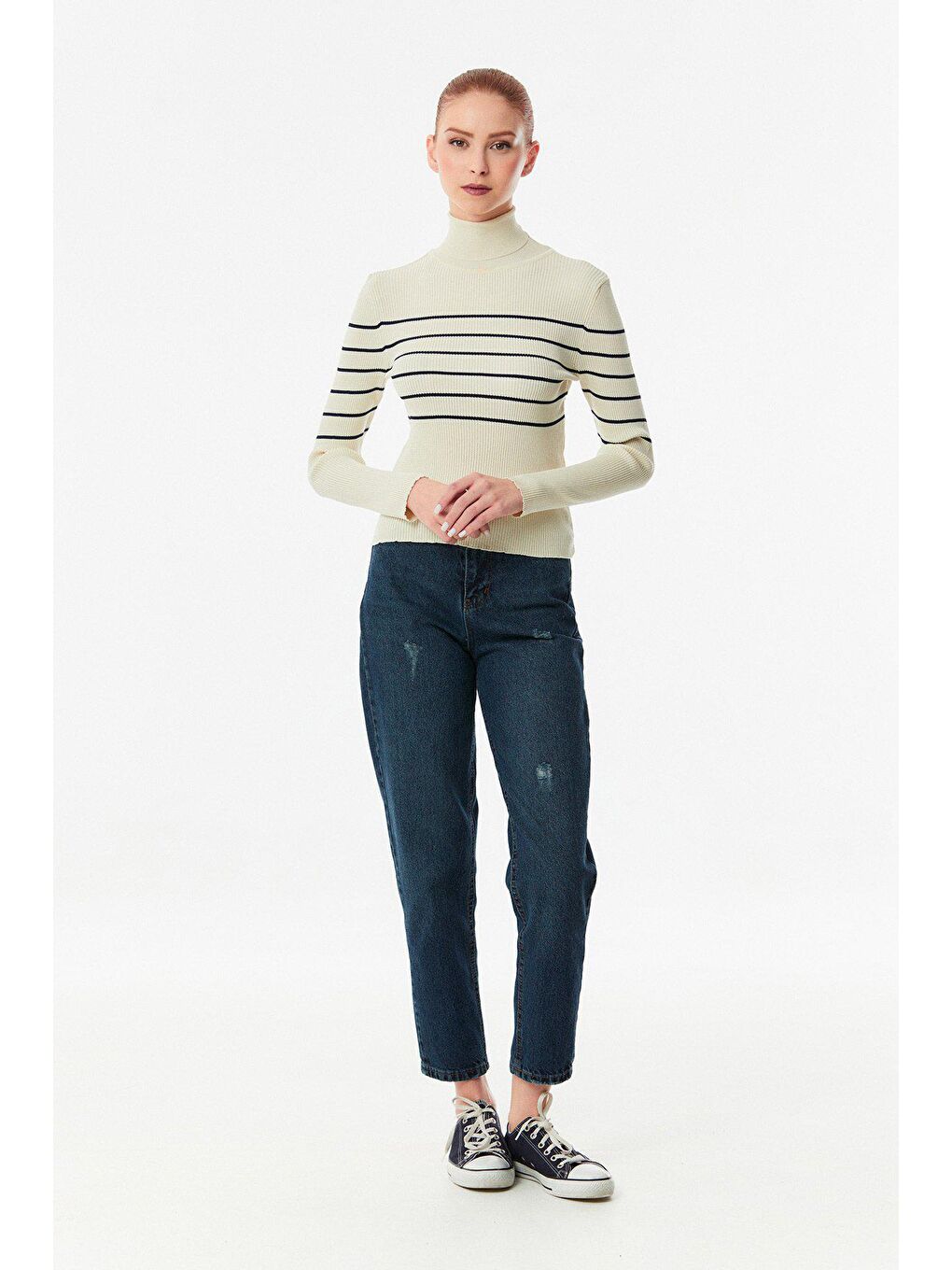 Bej Çizgili Balıkçı Yaka Triko Kazak-1