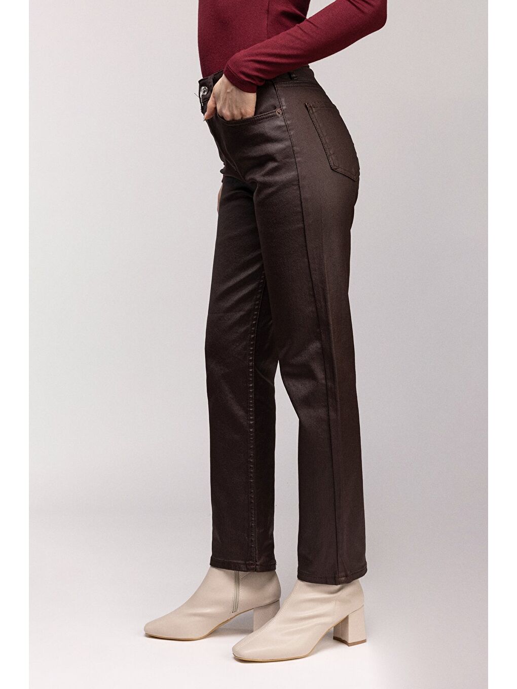 Kahverengi Kadın Mumlu (Waxed) Yüksek Bel Düz Kesim Elastanlı Jean Pantolon - Tam Kalıp-2