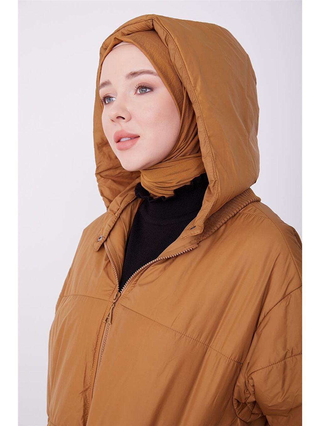 Kahverengi Seyyar Kapüşonlu Oversize Kaban 23K7210 Camel-2