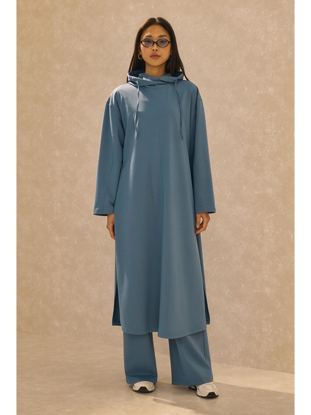 Mavi Kapüşonlu Uzun Sweat Denim-4