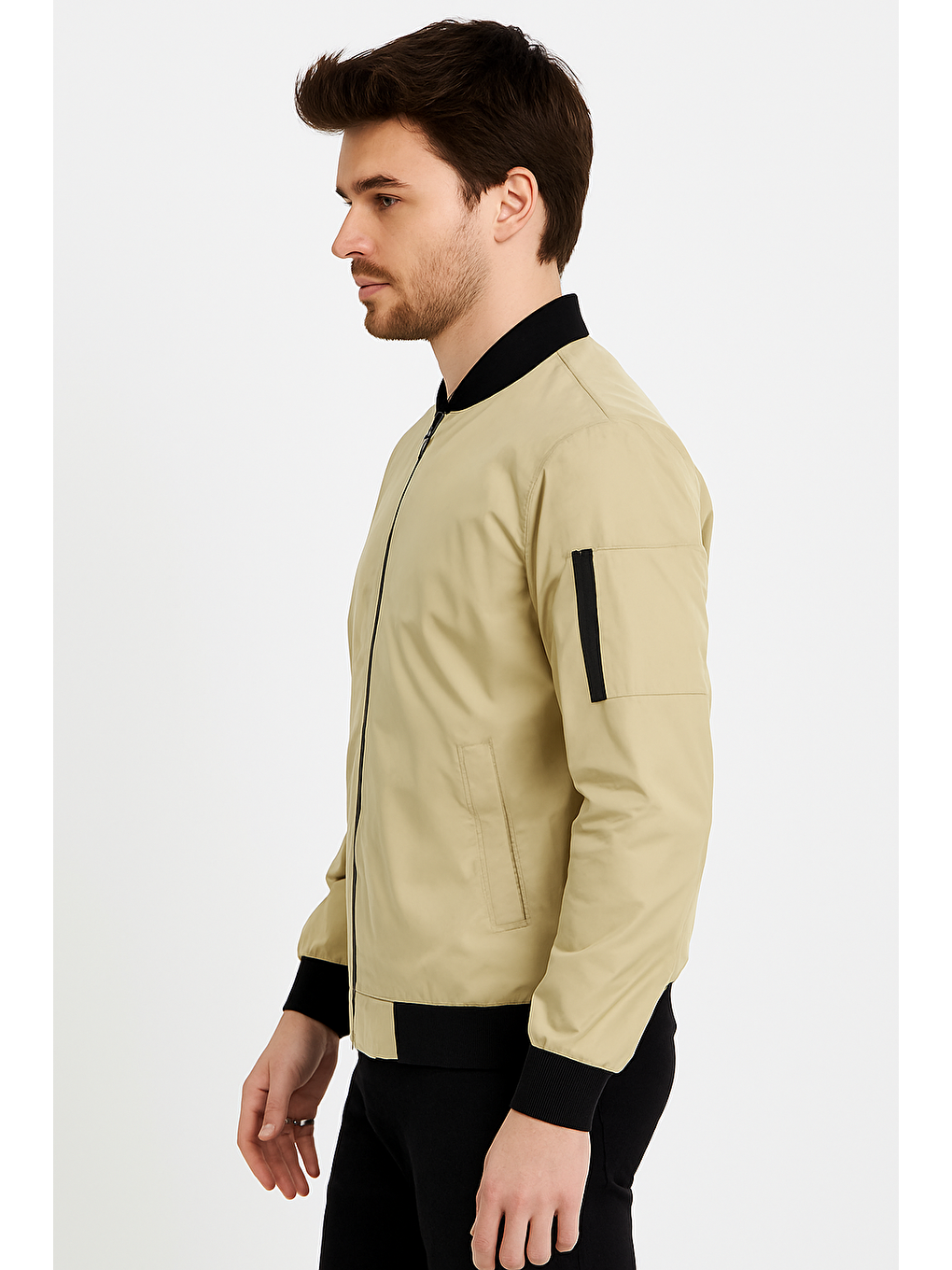 Bej Erkek Fermuarlı Taş Kolej Ceket-1